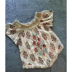 Altrd State Ivory / Floral blouse W/ Fringe And‎ Elastic Neck Line / Size S Boho